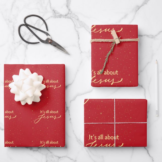 It’s All About Jesus – Red & Gold Christmas  Wrapping Paper Sheet (Front)