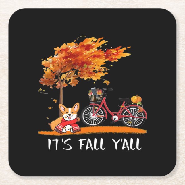 It’s Fall Y’all Cardigan Dog Autumn Design Funny G Square Paper Coaster (Front)