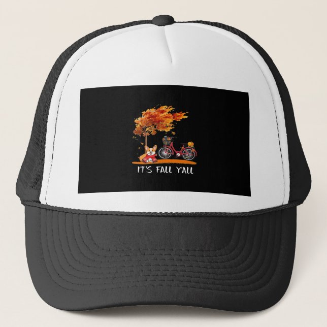 It’s Fall Y’all Cardigan Dog Autumn Design Funny G Trucker Hat (Front)