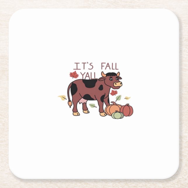 It’s Fall Y’all Cow Retro Style Square Paper Coaster (Front)