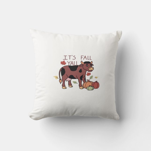 It’s Fall Y’all Cow Retro Style Throw Pillow (Front)