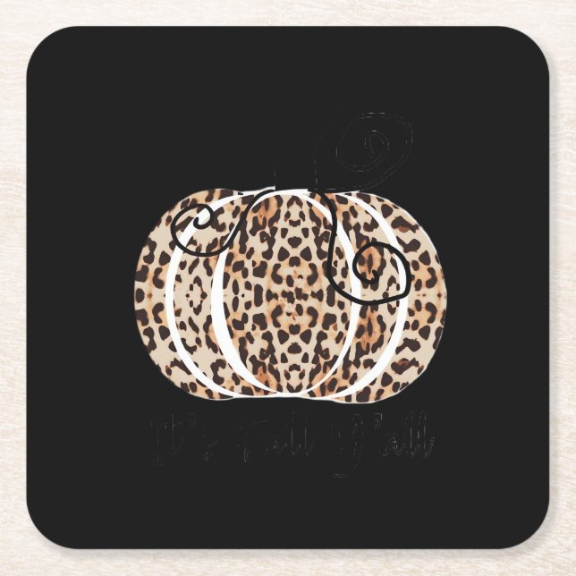 It’s Fall Y’all Cute Leopard Print Pumpkin Fashion Square Paper Coaster (Front)