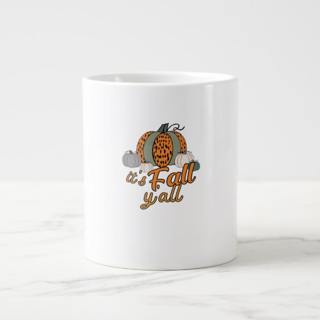It’s Fall Y’all, Funny Pumpkins Leopard Pattern Large Coffee Mug (Front)