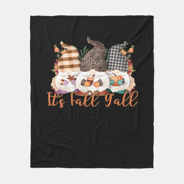 It’s Fall Y’all Gnomes In Autumn Plaid And Leopard Fleece Blanket (Front)