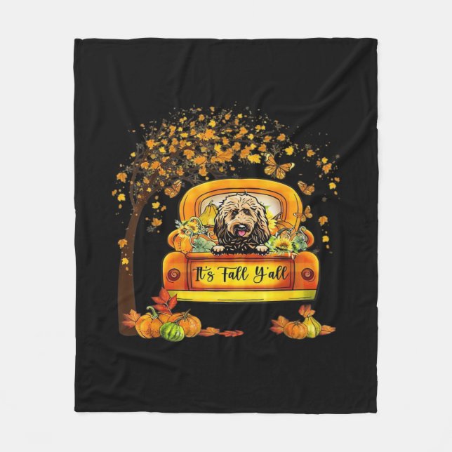 It’s Fall Y’all Goldendoodle Thanksgiving Pumpkin Fleece Blanket (Front)