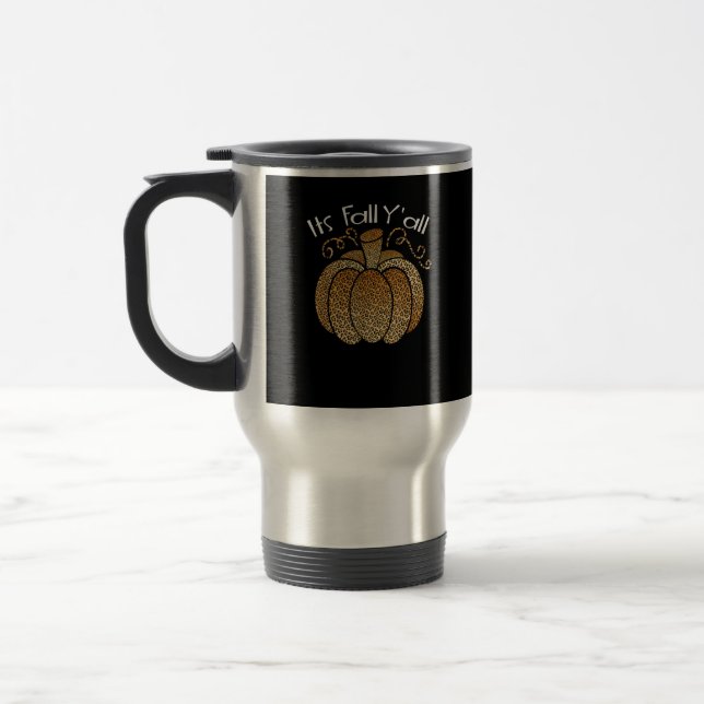 It’s Fall Y’all Leopard Print Pumpkin Rustic Happy Travel Mug (Left)