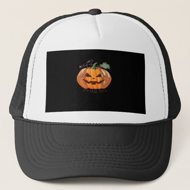 It’s Fall Y’all Leopard Pumpkin Happy Halloween Ne Trucker Hat (Front)