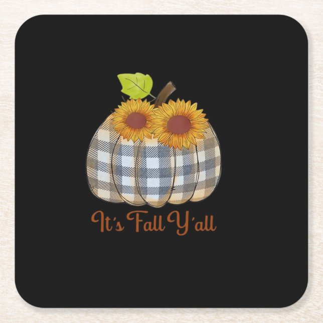 It’s Fall Y’all Pumpkin Plaid Design Halloween Fun Square Paper Coaster (Front)