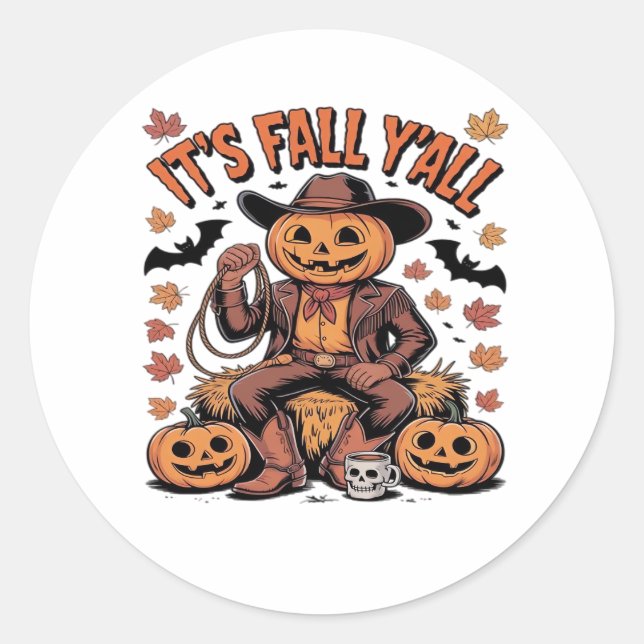 It’s Fall Y’all Western Cowboy Pumpkin Halloween Classic Round Sticker (Front)