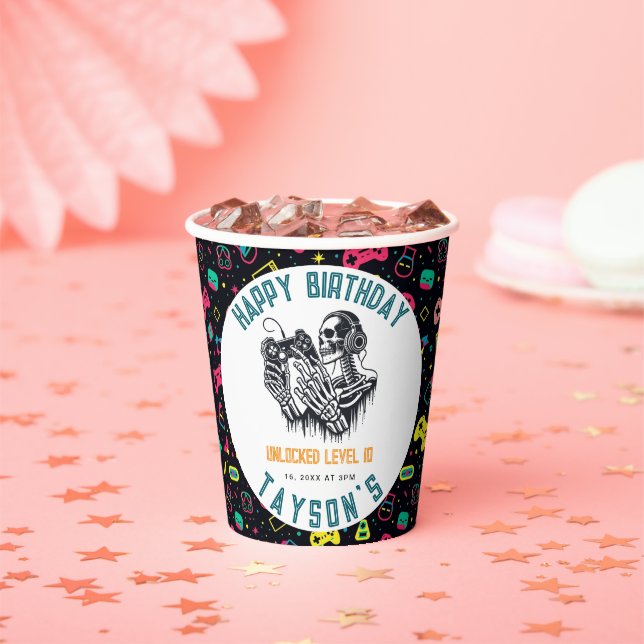 It’s Game On Skull  – Video Game Birthday Paper Cups (Insitu)