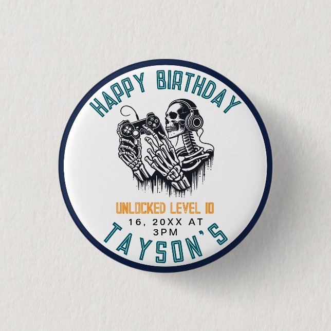 It’s Game On Skull  – Video Game Birthday party 1 Inch Round Button (Front)