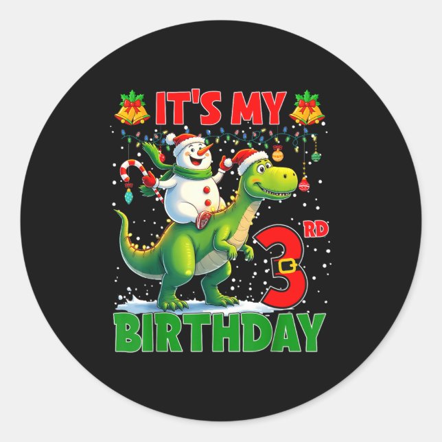 It’s My 3rd Birthday Xmas Snowman Riding Dinosaur  Classic Round Sticker (Front)