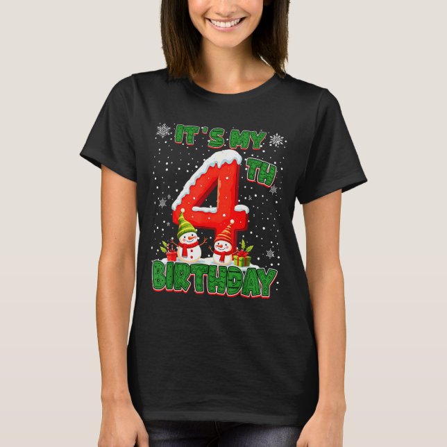 It’s My 4th Birthday Christmas Snowman 4 Year Old  T-Shirt (Front)