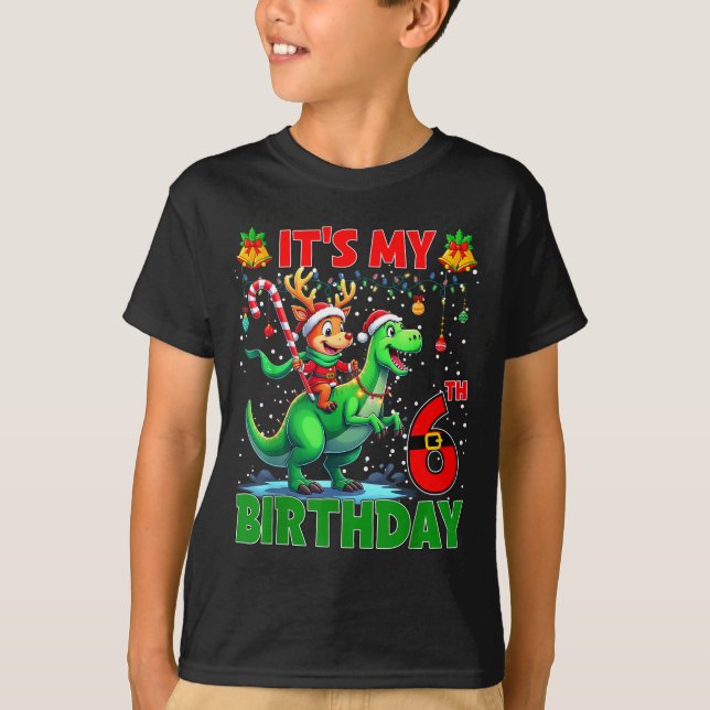 It’s My 6th Birthday Xmas Reindeer Riding Dinosaur T-Shirt (Front)