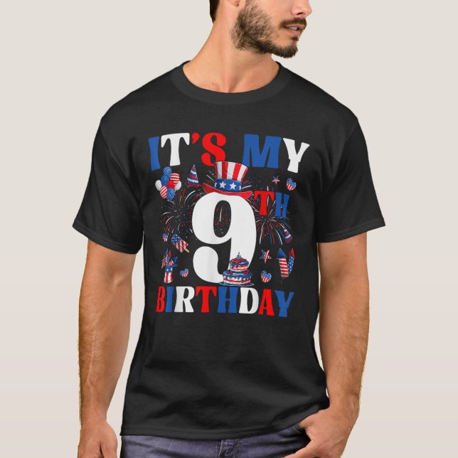 It s My 9th Birthday USA Flag Independence Day 4th T-Shirt (Front)