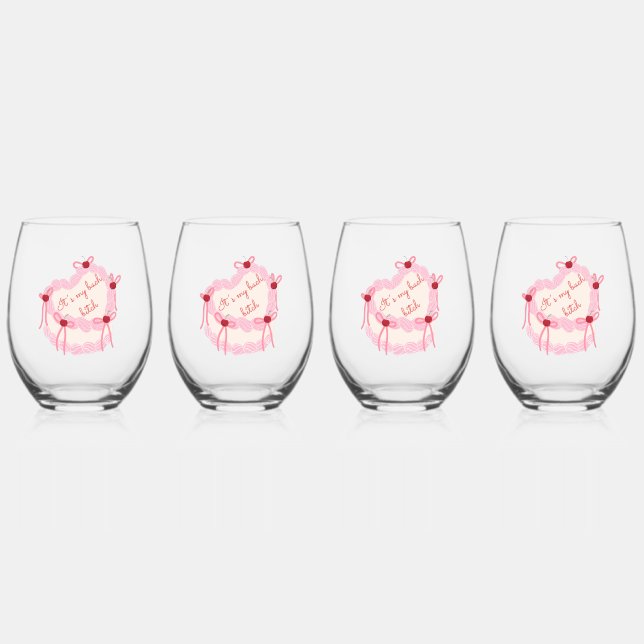It’s My Bachelorette | Coquette Cake Bridal Party Stemless Wine Glass (Front)