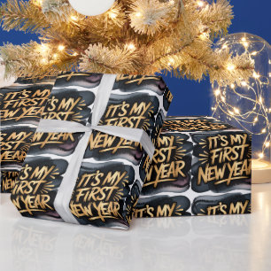 It’s My First New Year in Black and Gold Gift Wrapping Paper