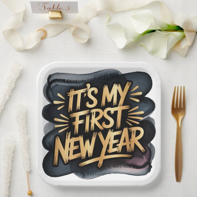 It’s My First New Year in Black and Gold Paper Plate (Wedding)