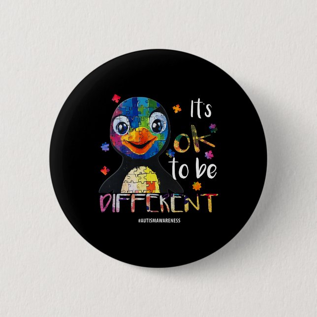 It’s Ok To Be Different - Autism Awareness Penguin 2 Inch Round Button (Front)