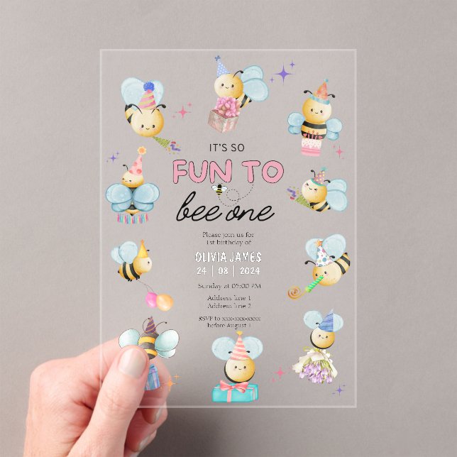 It’s so fun to bee one first birthday acrylic invitations (Insitu (Handheld))