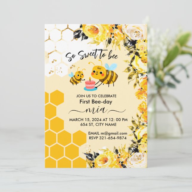 It’s so sweet to bee cute first birthday floral invitation (Standing Front)