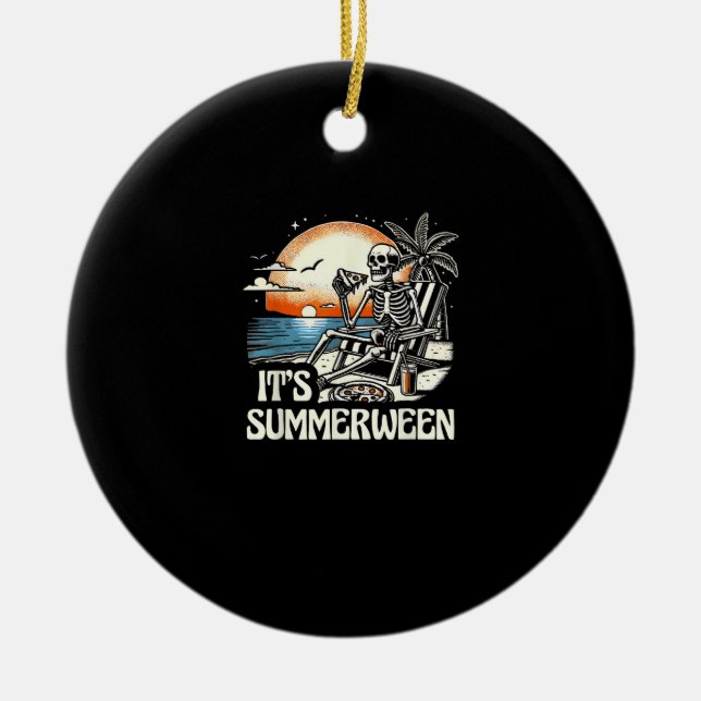 It’s Summerween Skeleton Sunset Vacation Ceramic Ornament (Front)
