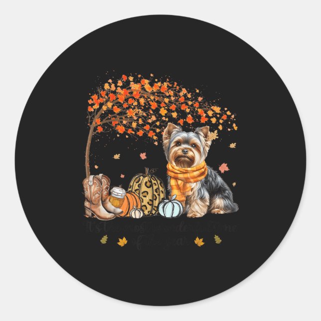 It’s The Most Wonderful Time Yorkie Pumpkins Autum Classic Round Sticker (Front)