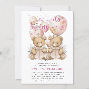 IT’S TWINS Pink Balloons Teddy Bears Baby Shower Invitation