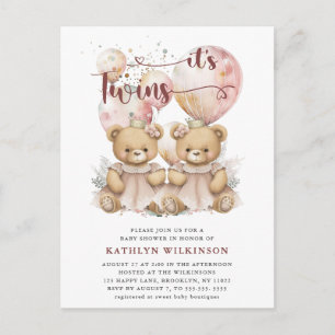 IT’S TWINS Pink Balloons Teddy Bears Baby Shower Invitation Postcard