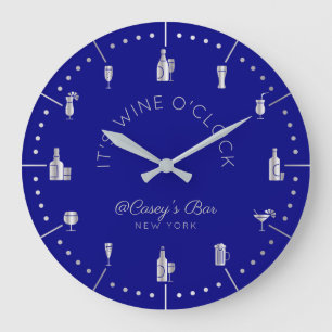 It’s Wine O’Clock Elegant Silver Navy Monogrammed Large Clock