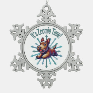 It’s Zoomie Time Brown Scotty Snowflake Pewter Christmas Ornament