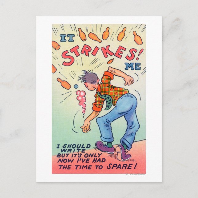 It Strikes Me, Cartoon Man Bowling Postcard (Front)