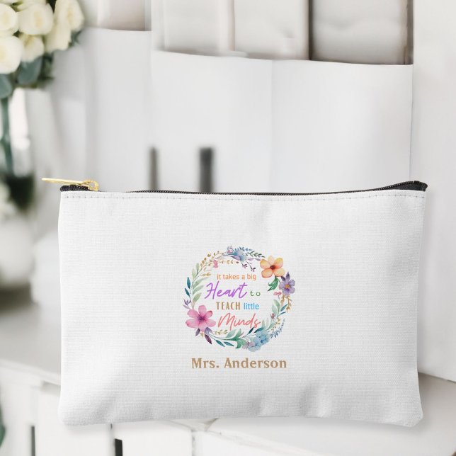 "It Takes a Big Heart" Floral, Gift for Teachers Accessory Pouch ("It Takes a Big Heart" Floral, Name, Gift for Teachers Accessory Pouch.)