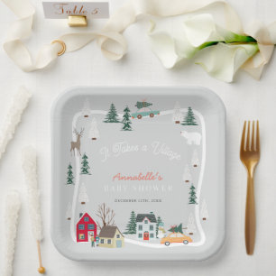 It Takes A Village Holiday Grey Baby Shower  Paper Plate