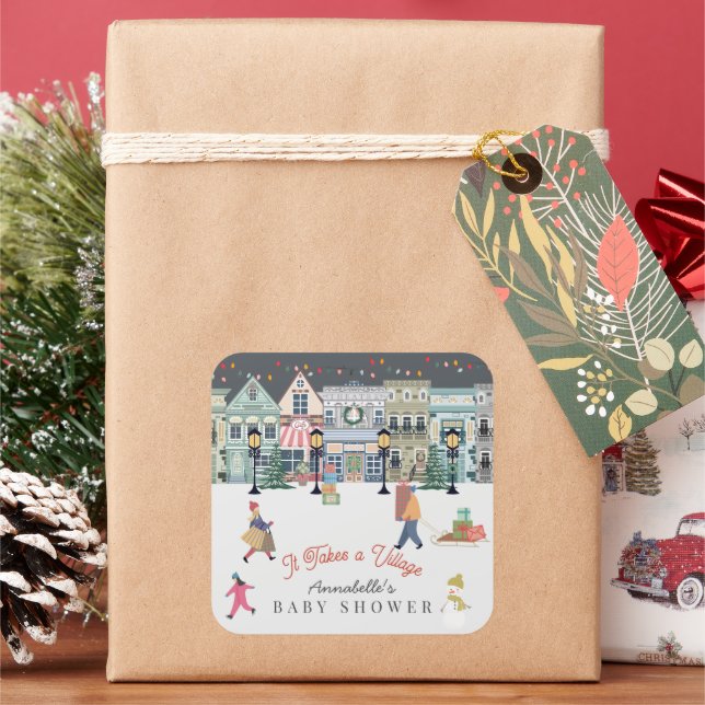 It Takes A Village Holiday Town Baby Shower Square Sticker (Holiday)