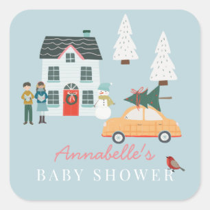 It Takes A Village Holiday Town Blue Baby Shower Square Sticker