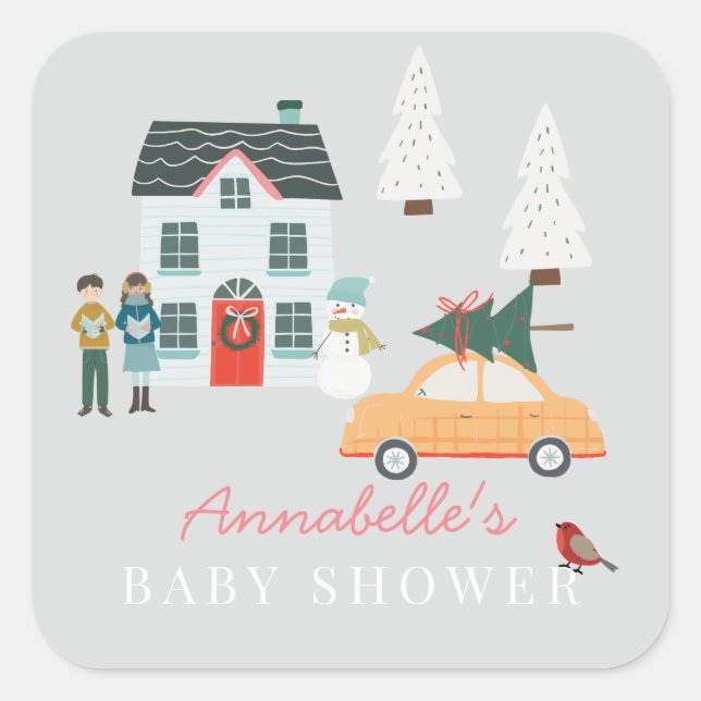 It Takes A Village Holiday Town Grey Baby Shower Square Sticker (Front)