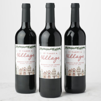 It Takes a Village Snowflake Winter Baby Shower Wine Label