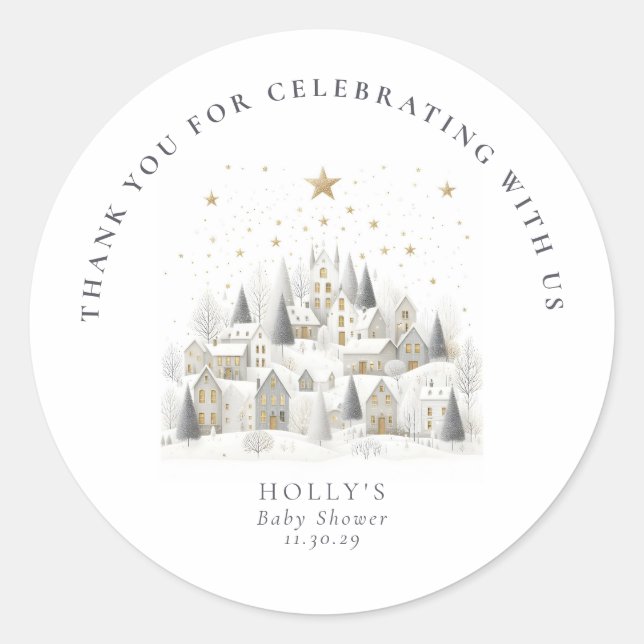 It Takes a Village Snowy Whimsical Baby Shower  Classic Round Sticker (Front)