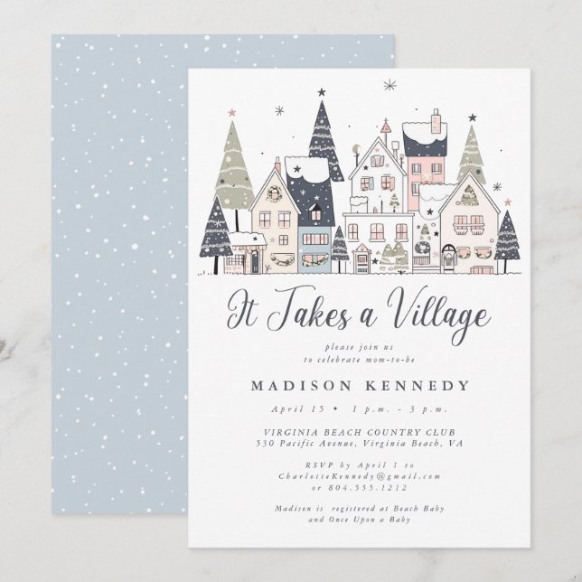 It Takes a Village Snowy Whimsical Baby Shower  Invitation (Front/Back)
