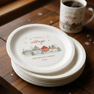 It Takes a Village Snowy Winter Baby Shower Paper Plate