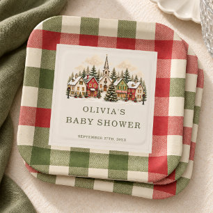 It Takes a Village Winter Gingha Baby Shower Party Paper Plate