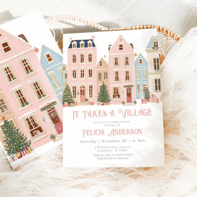 It takes a village Winter Pink Baby Gir Shower Invitation (Creator Uploaded)