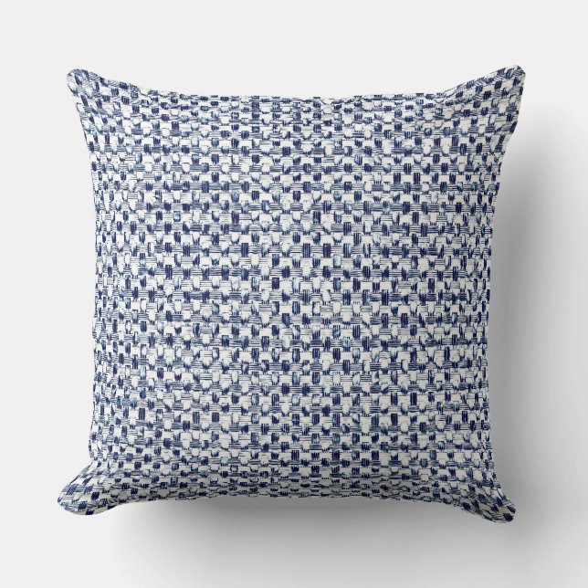 Itajime Shibori Blue Check Textile Geometric Weave Throw Pillow (Front)