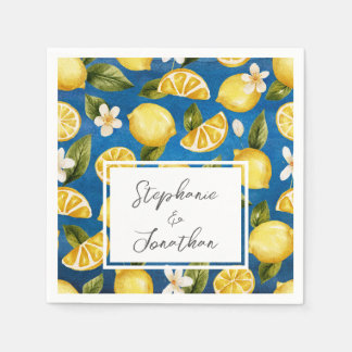 Italia Blue Watercolor Lemon Calligraphy Napkin