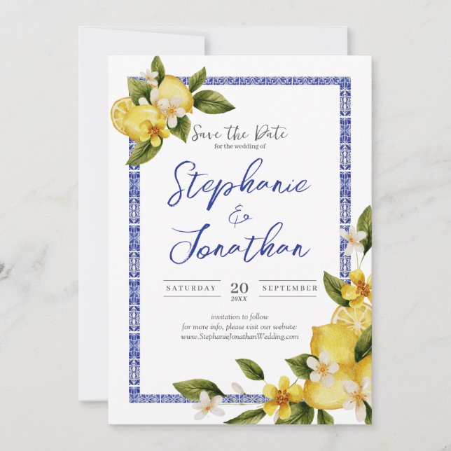 Italia Blue Watercolor Lemon Save the Date Card (Front)