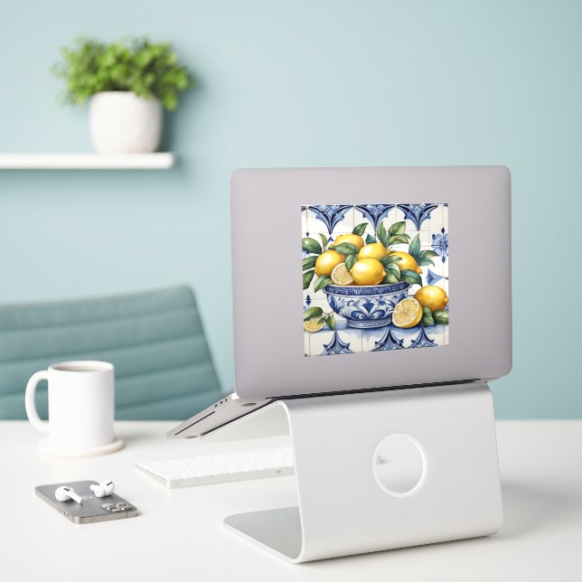 Italian Amalfi blue white tiles bowl of lemons (Laptop On Desk)
