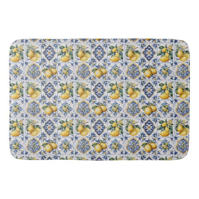 Italian Amalfi blue white tiles lemons Bath Mat (Front)