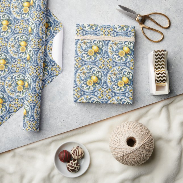 Italian Amalfi blue white tiles lemons Wrapping Paper (Crafts)