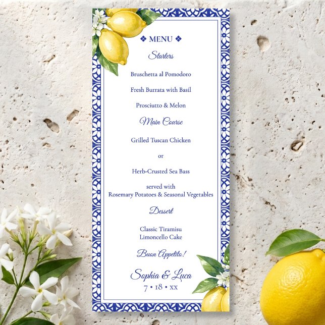 Italian Amalfi Lemon Blue Tile Wedding Menu (Italian Amalfi Lemon Blue Tile Wedding Menu)